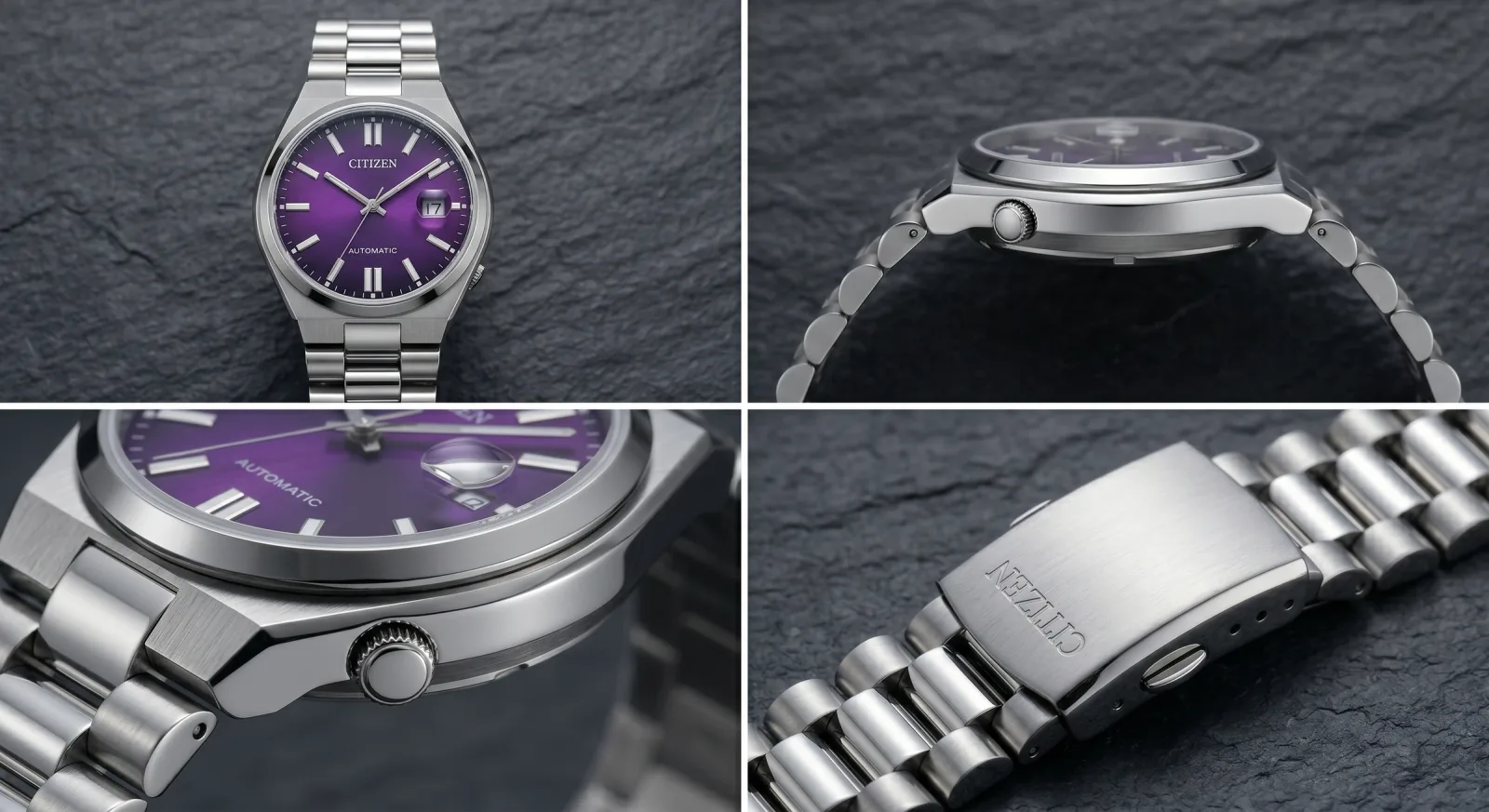 Citizen Tsuyosa NJ0200-50W shown from multiple angles to highlight the purple sunburst dial and polished casework
