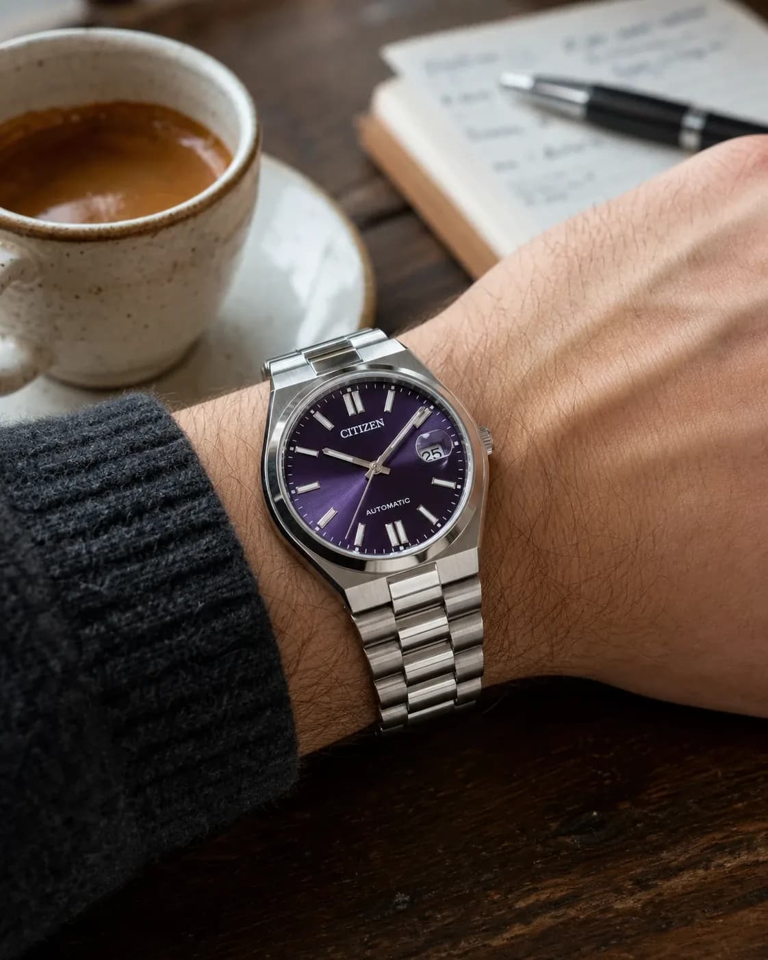 Citizen Tsuyosa Automatic 37 review image showing cafe wrist check